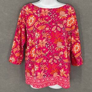 Talbots Plus Size X (1X) Pink Floral Print 3/4 Sleeve Knit‎ Top Boat Neck Blouse
